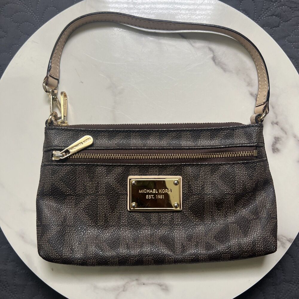 Michael Kors Small Handbag Pouch All Over Pattern Brown Women Top Handle Wristle